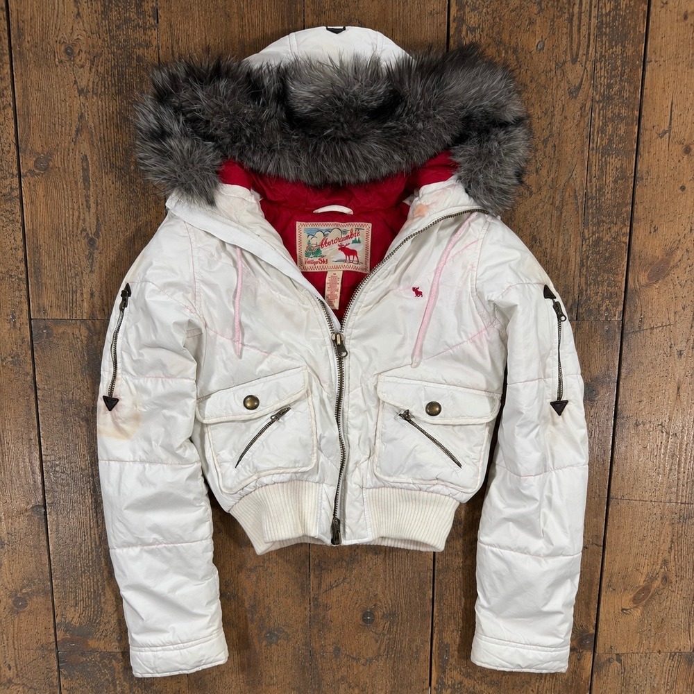 Y2K Abercrombie & Fitch Vintage Ski Puffer Jacket White Fur Hood M 2000s McBling